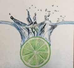 a drawing of a lime with water splashing on it