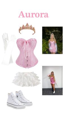 a pink corset and white shoes with the word aurora on it, along with pictures of princesses