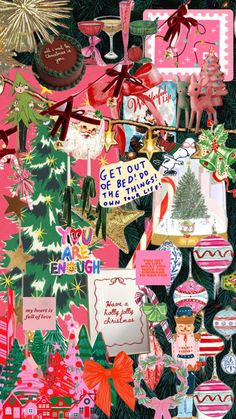 a collage of christmas decorations and greetings on a black background with red, green, white and pink colors