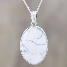 Natural howlite with its marble-like swirls is set in sterling silver in this necklace from Rakesh Rana in India. The pendant centers a simple sterling silver rolo chain. Howlite Necklace, Necklace White, Rolo Chain, Style Accessories, Spring Rings, Mist, Jewelry Necklace Pendant, Premium Quality, Silver Necklace