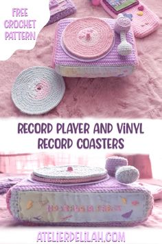 a crochet pattern for a record player and vinyl record coasters on a bed