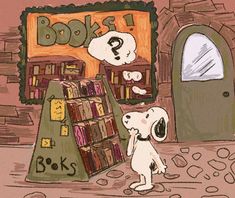 a drawing of a dog looking at books in a book store with the door open