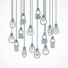 a bunch of light bulbs hanging from strings with one bulb turned on and the other turned off