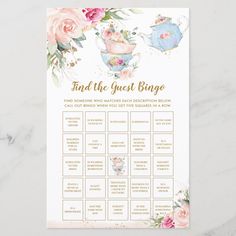 the tea party game is shown with pink flowers and gold foil lettering on white paper