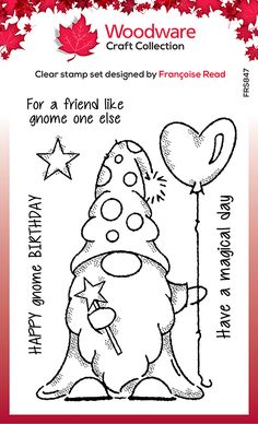 a clear rubber stamp with a gnome holding a balloon and the words, woodware craft collection