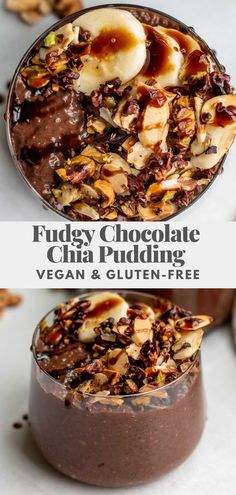 chocolate pudding with bananas and nuts on top