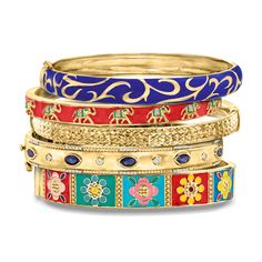 Ross-Simons - "Adventure Stack" Set of Five Bangle Bracelets Over Sterling. 8". An RS exclusive. A world of exuberant cultures come together seamlessly in our "Adventure Stack" of five bangle bracelets! This 18kt yellow gold over sterling silver set features: a diamond-cut bangle bracelet, a multicolored enamel elephant bangle bracelet, a blue enamel scroll bangle bracelet, a .90 ct. t. w. sapphire and .26 ct. t. w. diamond bangle bracelet, and a multicolored enamel floral patchwork bangle brace