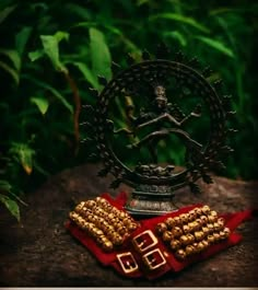 a metal object sitting on top of a red cloth next to some plants and rocks