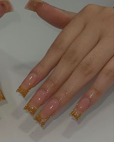 Gold Color Nails Ideas, Metallic Gold Nails Acrylic, Long Gold French Tip Nails, Gold Diamond Nails Acrylic, Gold Digger Nails, Cute Gold Acrylic Nails, Glitter French Nails Coffin, Gold Nails Acrylic Medium, Gold French Tip Nail Designs