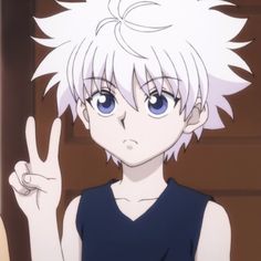 an anime character with white hair and blue eyes giving the peace sign