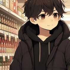 an anime character is standing in front of a shelf full of drinks