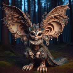 an intricately designed creature sits in the middle of a forest with its wings spread out