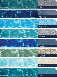 different shades of blue and green water with the names below them in white, black, gray