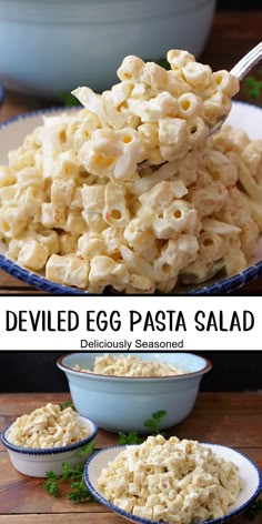 A double collage photo of deviled egg pasta salad. Deviled Eggs Pasta Salad, Devilled Egg Pasta Salad, Egg Receips, Hamburger Sides Ideas, Deviled Egg Macaroni Salad Recipe, Deviled Egg Pasta Salad Recipe, Deviled Egg Macaroni Salad, Garlic Pasta Salad, Deviled Eggs Recipe Best