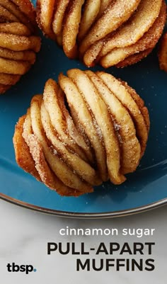 cinnamon sugar pull apart muffins on a blue plate