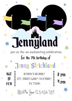 a mickey mouse birthday party with the name jennyland on it's front and back