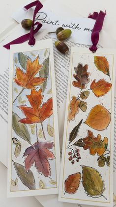 two bookmarks with leaves and acorns on them