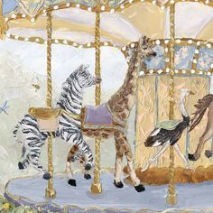 a painting of zebras and giraffes on a carousel