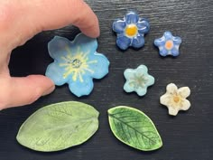 a hand is pointing at some flowers and leaves on a black table with a person's finger