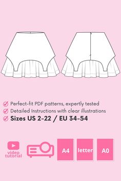 the front and back view of a skirt with ruffles on it, as well as