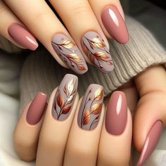 Fall Leaves Manicure, Autumn Nails Orange Brown, Fall Ombre Gel Nails, Autumn Nails Leaves, Rose Gold Fall Nails, Nails With Roses Design, Dusty Pink Nails Design, Fall Bridesmaid Nails, Matt Nails Design