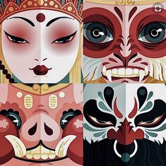 four different colored images of women with big eyes and headdress, one in the middle