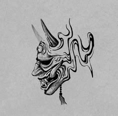 a black and white drawing of a demon mask