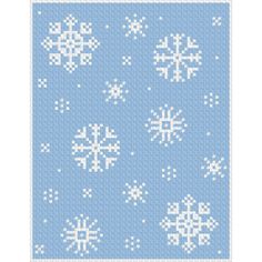 a blue and white knitted pattern with snowflakes on the bottom, in different sizes