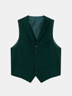 Color: green 73% polyester, 23% viscose, 4% elastane Single-breasted vest (5-button blazer) Lapel type: notch lapels Jacket interior lining option: fully-lined Fitting: slim-fit Care instructions: dry clean only Machine washable: no Sleeveless Tailored Blazer With Button Closure, Tailored Sleeveless Blazer With Button Closure, Fitted Classic Dark Green Blazer, Classic Fitted Dark Green Blazer, Tailored Dark Green Blazer For Semi-formal Occasions, Sleeveless Blazer With Buttons For Tailoring, Formal Sleeveless Blazer With Button Closure, Formal Notch Lapel Vest With Buttons, Tailored Dark Green Blazer For Business