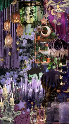 a collage of purple and green items in front of a window with curtains on it