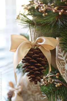 a pine cone ornament hanging from a christmas tree with ribbon and bows on it