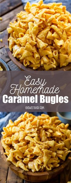 easy homemade caramel bugles in a wooden bowl