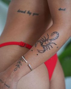 Angel Holding Skull Tattoo, Womens Word Tattoos, Scorpion Arm Tattoo, Sternum Tattoo Unique, Women Calf Tattoo Ideas, Patchwork Arm Tattoos For Women, Scorpio Tattoos For Women, Women Arm Tattoo Ideas, 5x5 Tattoo Ideas