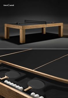 the ping pong table is made out of wood and has four balls in it