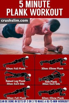 the 5 minute plank workout is shown in red and black, with instructions for how to do