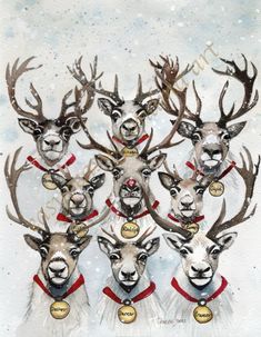 a group of deer with christmas decorations on their antlers