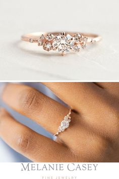 A unique engagement ring featuring a 0.3ct. round brilliant diamond accented by clusters of white diamond. Set in 14k rose gold, this dainty ring is available at melaniecasey.com! Unique Boho Engagement Rings, Snowdrift Ring, Melanie Casey, Zierlicher Ring, Unique Engagement Ring, Engagement Ring White Gold, Rose Engagement Ring