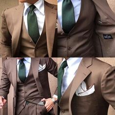 Green Groom Suite, Brown And Green Tuxedo, Brown Suit Green Tie Wedding, Brown Suit Green Dress Wedding, Brown And Green Suit Wedding, Green And Brown Tuxedo Wedding, Beige Suit Green Shirt Men, Brown And Green Suit Men, Cream And Green Tuxedo