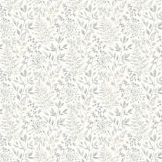 a white and grey floral wallpaper with small leaves on the top, in shades of gray