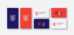 four different colored business cards with the initials j, l, and f on them