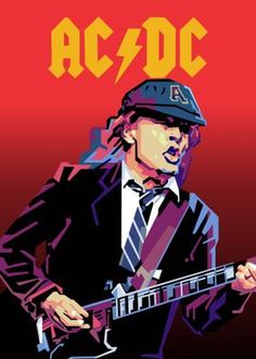 a man in a suit and tie playing an electric guitar with the words ac / dc on it