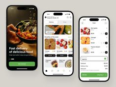 three smartphones displaying different food items on the same screen, one with an ad for fast delivery