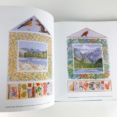 an open book with pictures of birds and flowers on it's cover, in the shape of a house