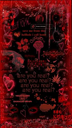 a red background with many different images and words on it, including the word love