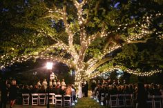 an outdoor wedding under a large tree with fairy lights