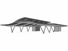 an architectural rendering of a bridge with metal beams and slats on the sides, against a white background