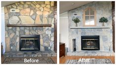 before and after pictures of a stone fireplace with wood burning in the mantels