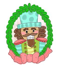 a drawing of a nutcracker wearing a blue hat and green coat with his mouth open