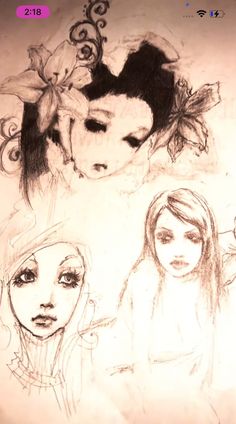 three different drawings of women with flowers on their head and one woman's face