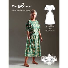 an older woman wearing a dress and sandals with the sewing pattern for sew different